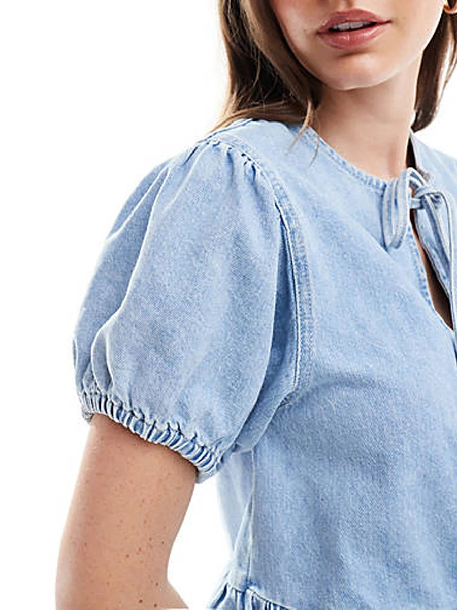 Dames zomermode denim overhemd effen kleur korte pofmouwen stropdas voorkant peplum blouse babydoll shirts tops streetwear