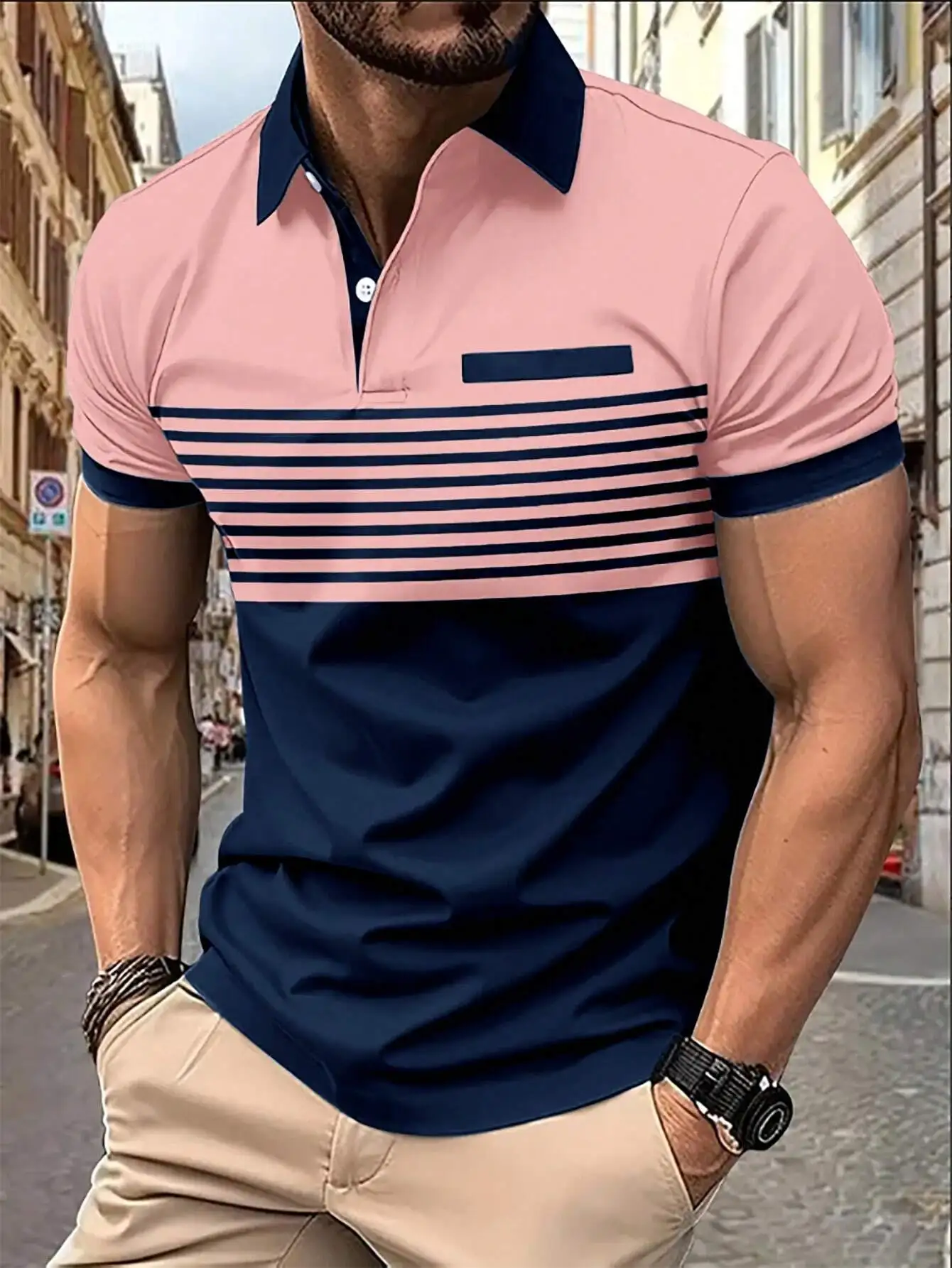 

Men's Colorblock Striped Polo Shirt with Contrast Collar and Chest Pocket