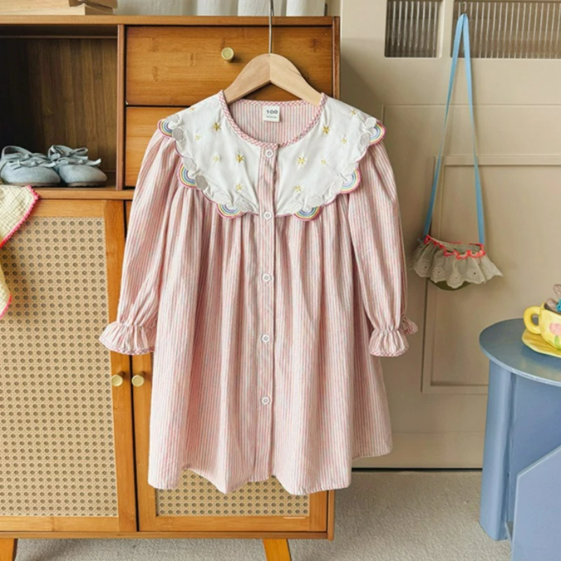 Rainbow Striped Embroidered Girls' Dress 2026 Autumn Style Contrasting Collar Fashion Children's Shirt Dress