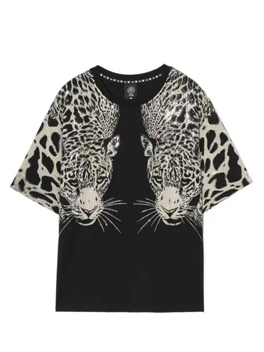 Summer Tide Brand Women Clothes Luxury Hot Drilling Twin Leopards Short Sleeve T-shirt Loose Pullover Tees Black Street Tops