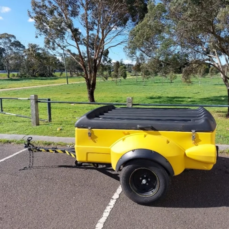 

DIY Plastic Box Trailer 4 Wheels Off-Road Motorcycle Freight Trailer Outdoor Travel Camper Trailer with Tent and Bike Rack