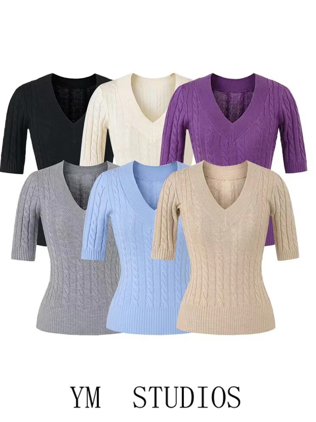 

Женская облегающая трикотажная футболка с V-образным вырезом и рукавом до локтя, мягкий вязаный джемпер с узором косы, повседневная верхняя одежда, нежный базовый топ