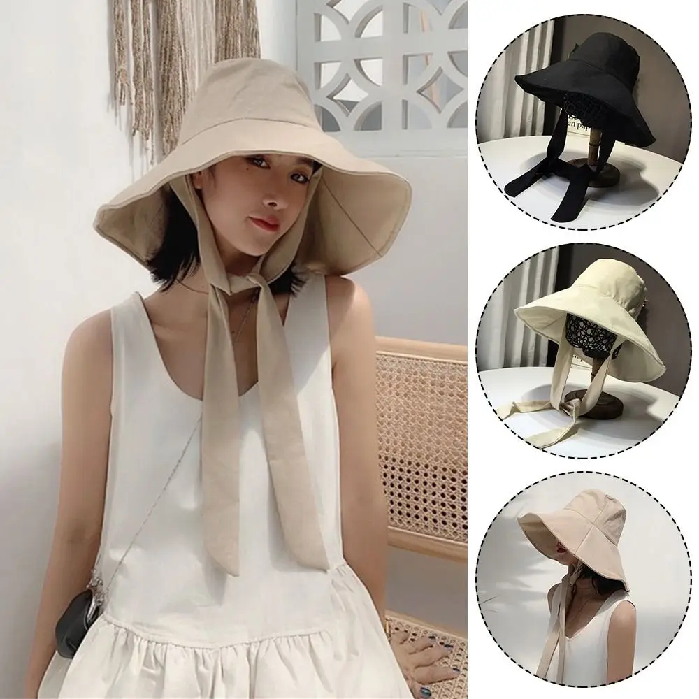 Fashion Tie Design Fisherman Hat Big Brim Foldable Sun Hat Cotton Linen Bucket Hat Outdoor Activities