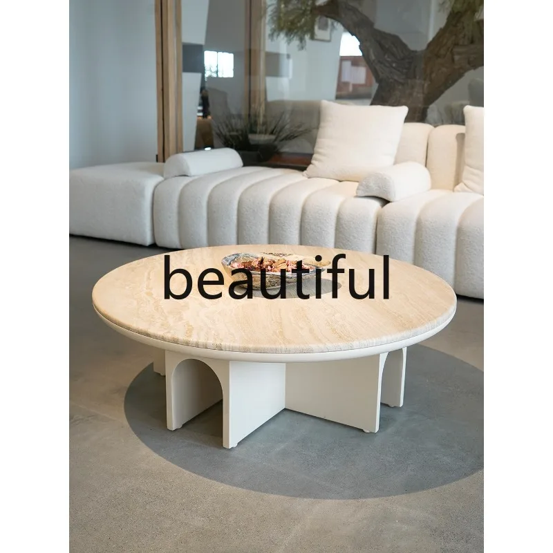 

French cream wind tunnel stone coffee table round small apartment living room beige round tea table