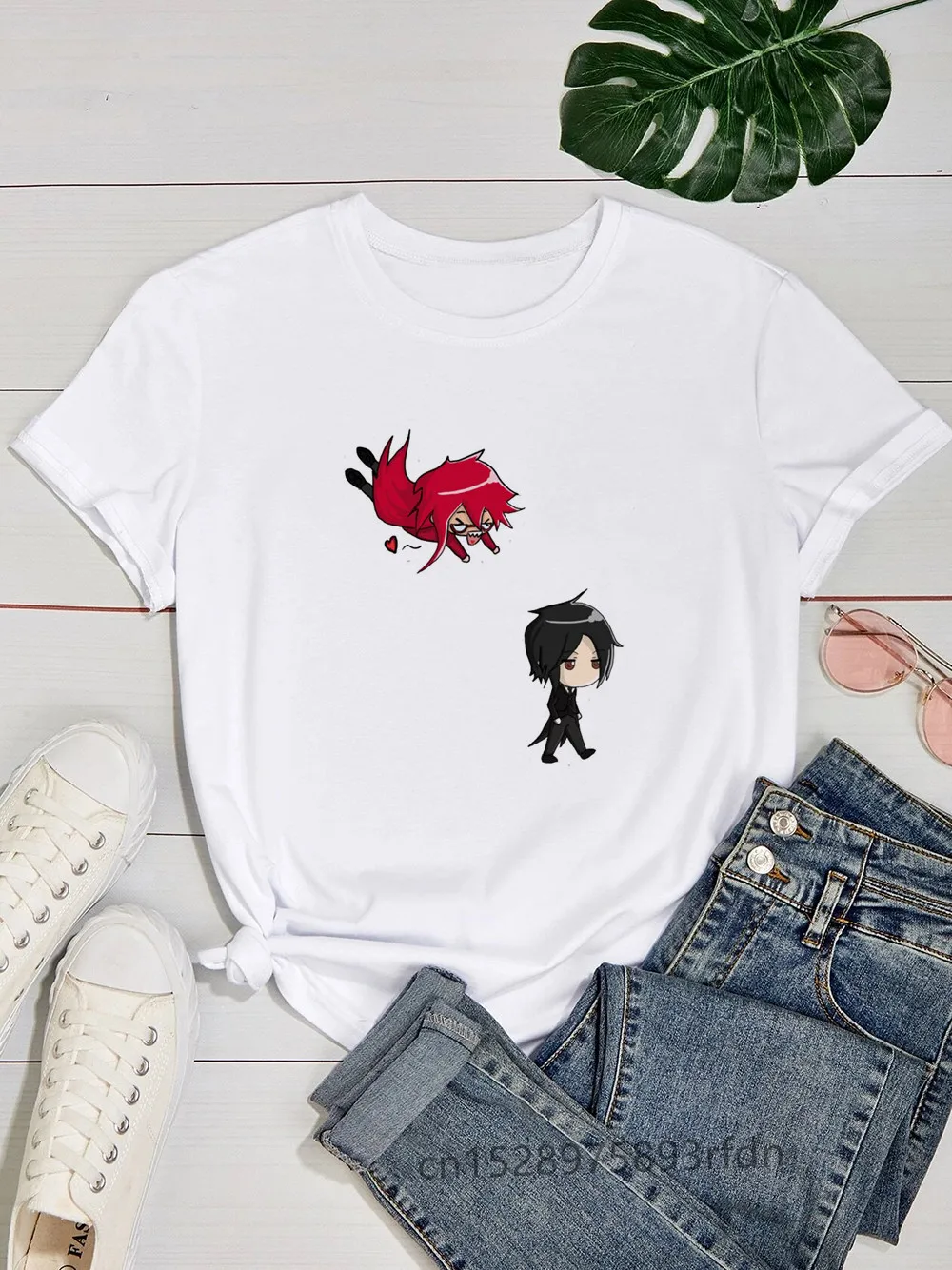 Black Butler Women Funny Print Ladies T-shirt Girl Y2K Basis O-collar White Shirt Short
