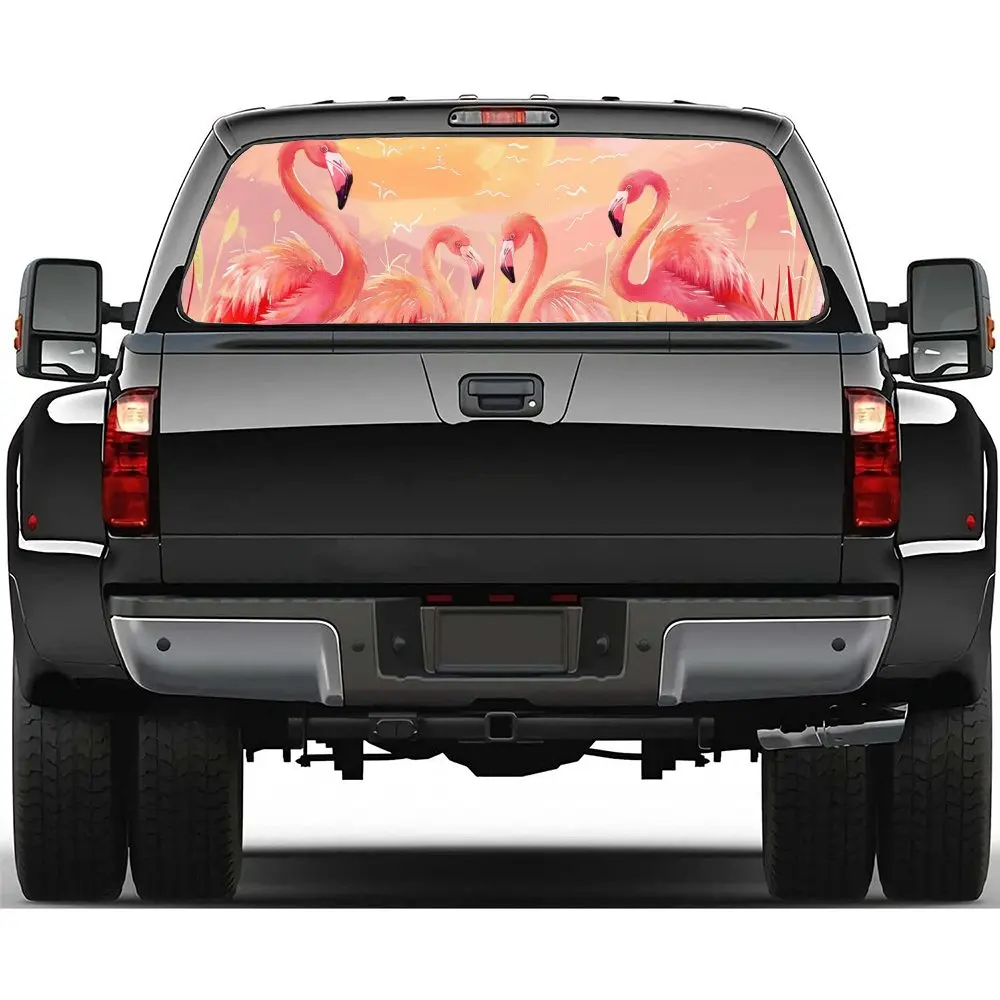 

Pink Flamingo Sunset Print Car Rear Windshield Sticker Truck Window See Through Perforated Back Window Vinyl Decal Decoration