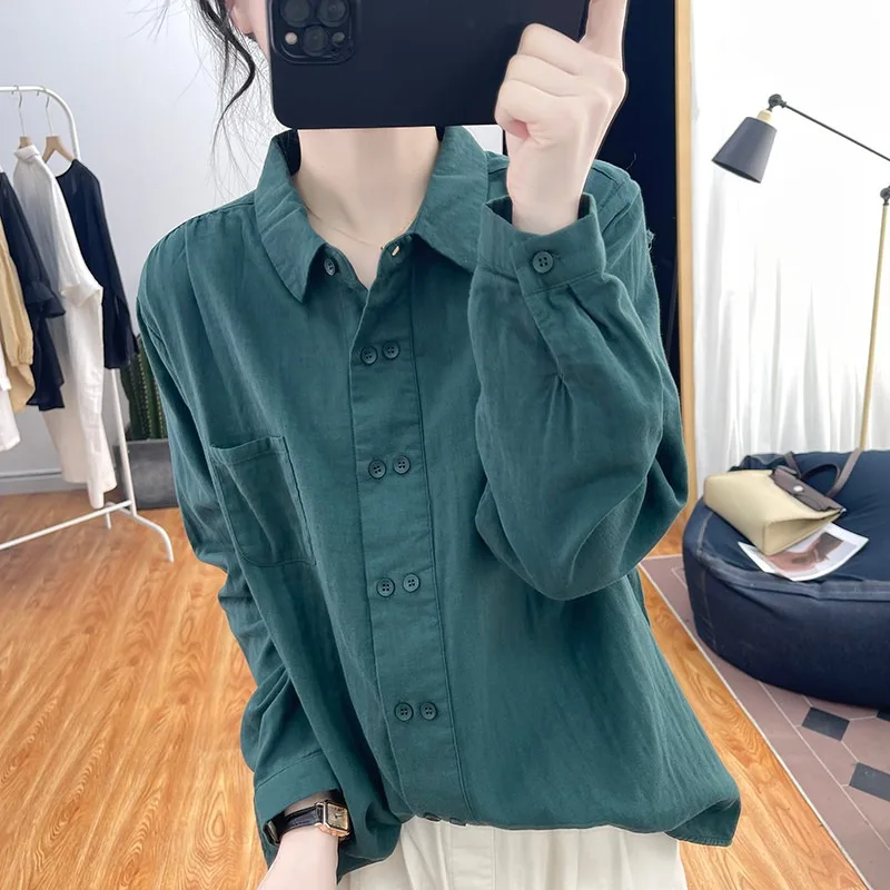 Korean Style Women Spring Autumn Double Breasted Cotton Long Sleeve Shirt Loose Design Inner Blouse