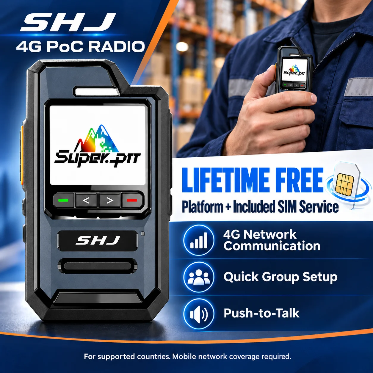 SHJ 4G PoC Walkie Talkie with SIM Card, Lifetime Free SIM & Super-PTT Platform Service, Quick Group Setup, Push-to-Talk Radio
