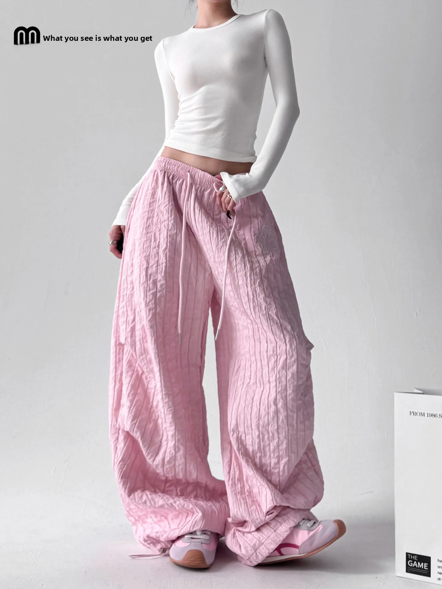 

High Waist Loose Women's Wide Leg Pants Fall Winter New Sle Texture Sensation Spicy Girl Pink Casual Pants Asymmetric Design