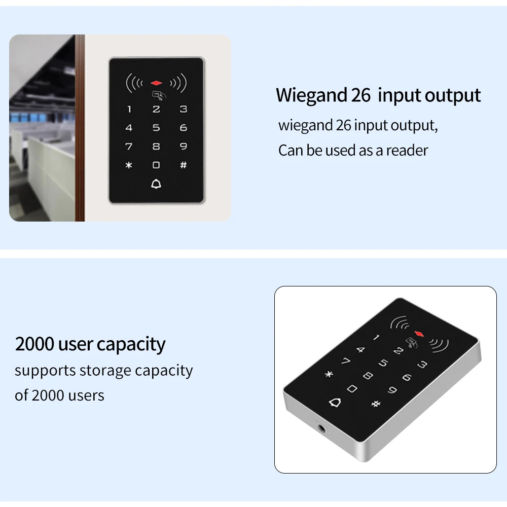 Lucking Door K8 2000 usuarios 125kHz/13,56 MHz teclado RFID Panel de Control de acceso independiente Wiegand 26 abridor de puerta DC 12V