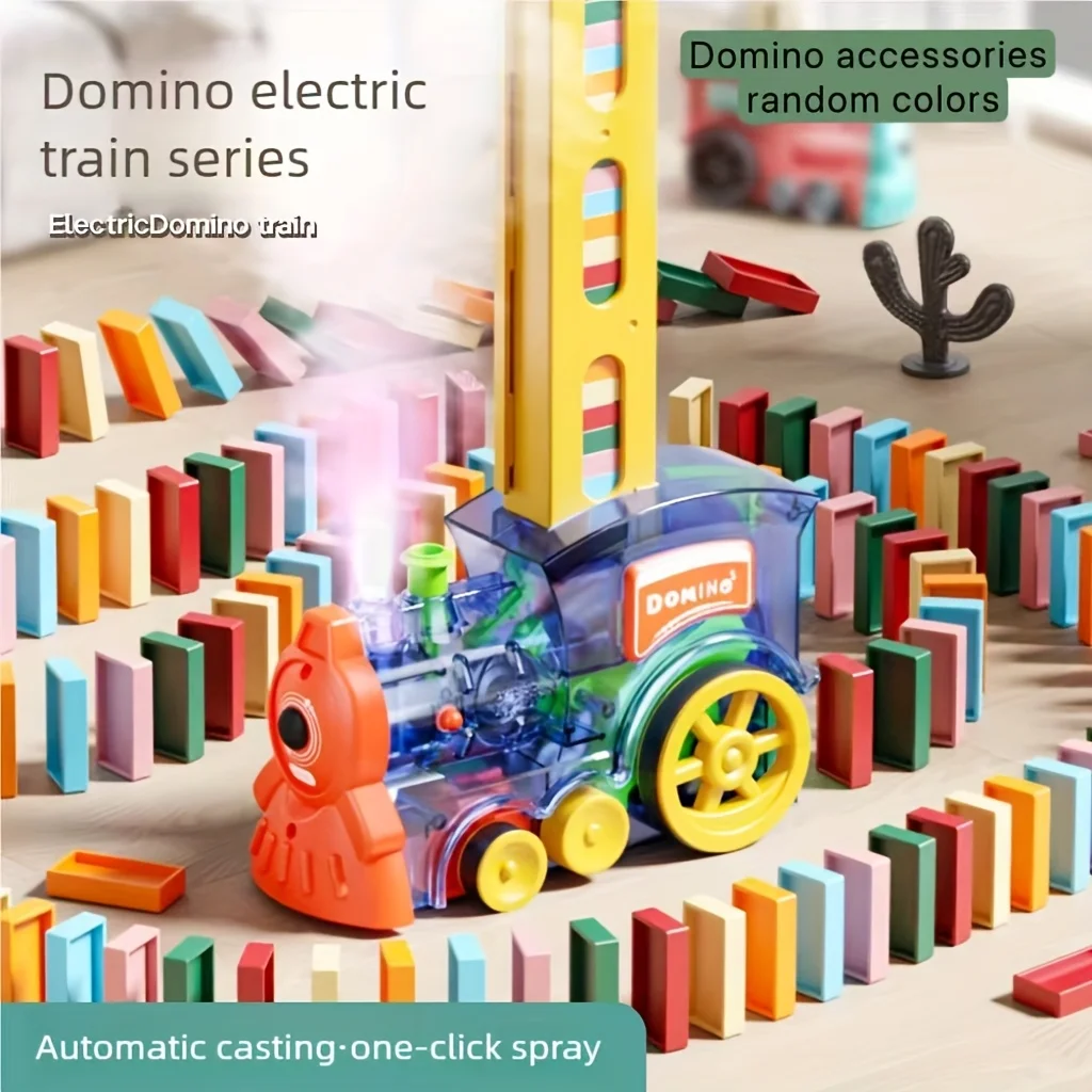 60Pcs Domino Train Playset, Locomotive Comes with Spray, with Sound and Light, Auto Sort Building Block Game