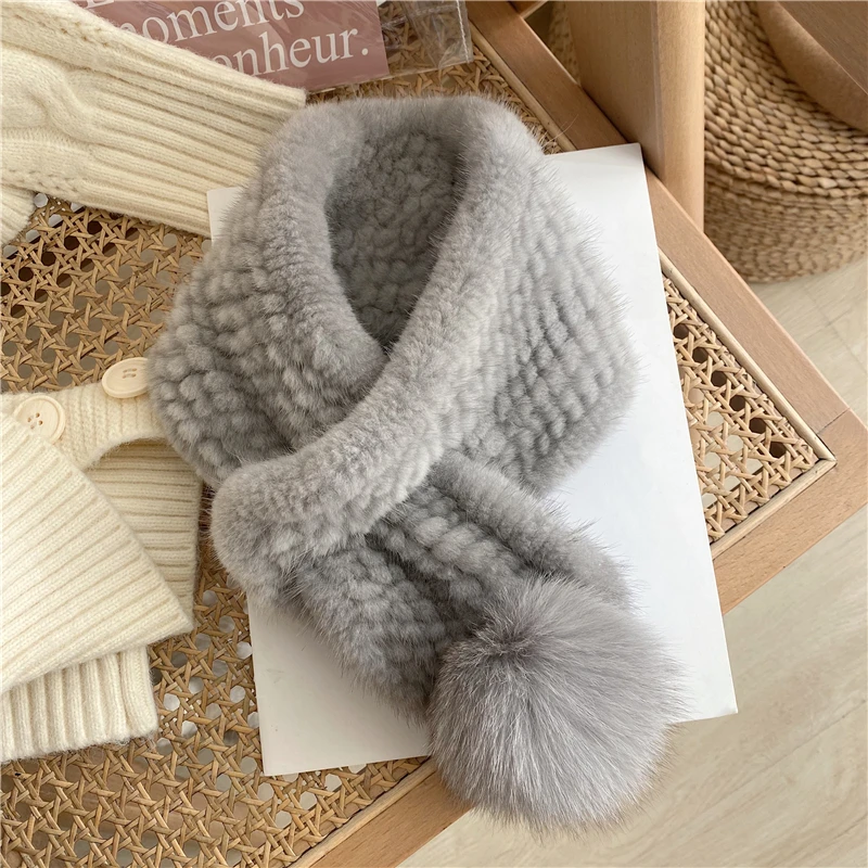 Mink Fur Scarf Winter Women Real Mink Fur Scarf With Fox Fur Ball Fashion Elastic Neck Warmer Scarves Hand Knitted Fur Scarves