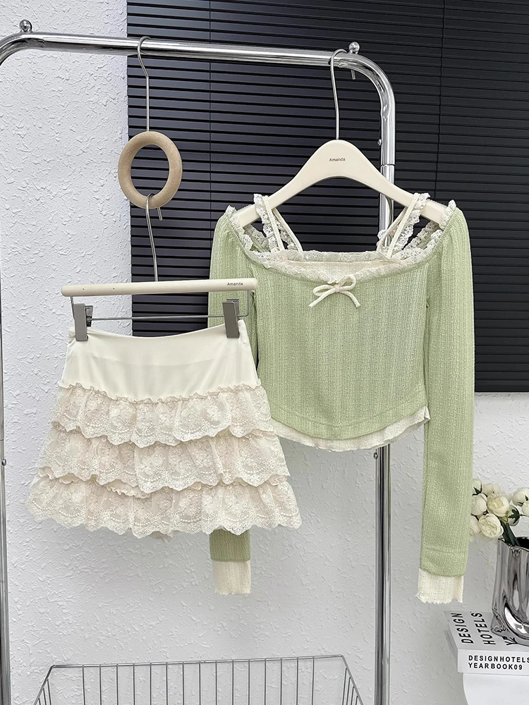 Women Ballet Core Vintage Rave Outfits 2 Piece Set Knit Mori Girl Crop Tops + Mini Tower Skirts Gyaru 2000s Korean Fashion Hot