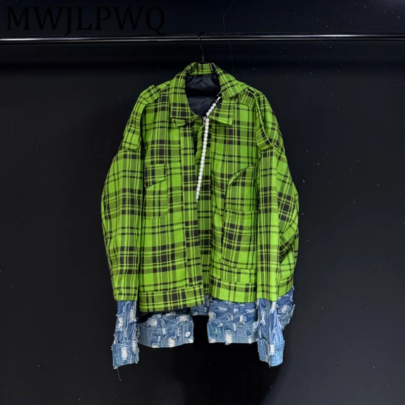 

MWJLPWQ Ретро клетчатый дизайн Мужская куртка с лацканами унисекс с цветными блоками Ниша High Street Сращенный Desroy Повседневное пальто с длинными рукавами 12888