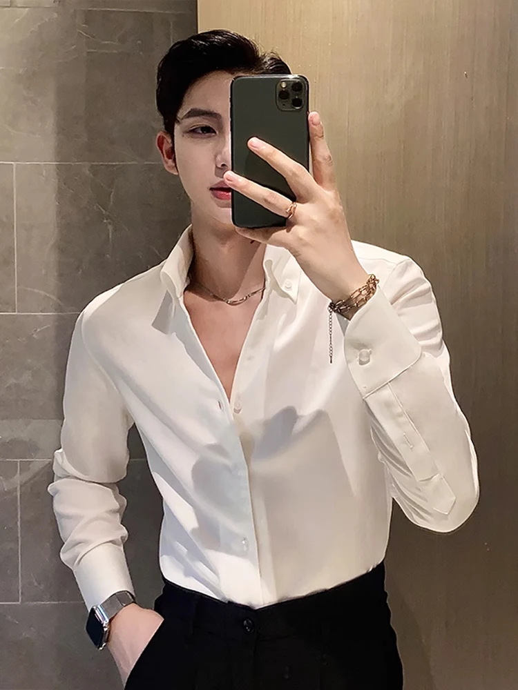 

V-Ne Long Sve Men's irt Faionable Briti Sle Inner Wear Stand Fit Spring Season Polyester Nylon Cosite Fiber