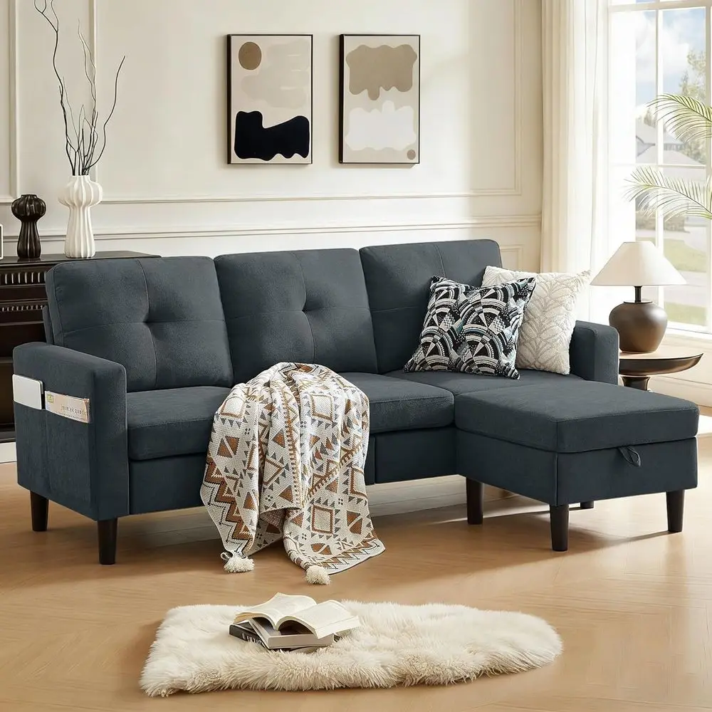 

80 Grey L-Shaped Sectional Sofa with Ottoman for Small Spaces, 3-Seat Couch for Living Room