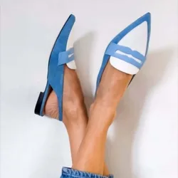 Back Empty Fashion Single Shoe Blue White Pointed Flat Low Square Heel Oversized Women's Fashion Sandals 43