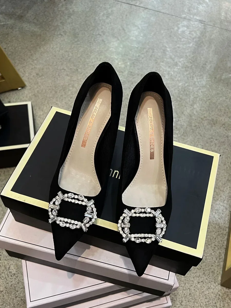 French black slim high heels for women's high-end rhinestone square buckle temperament pointed shallow mouth single shoes