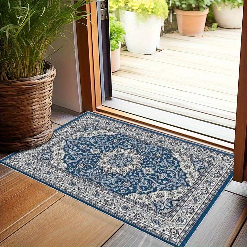 Vintage Persian Area Rug Blue Mandala Print Carpet Non-slip Floor Mat for Entrance Living Room Bedroom Home Decor