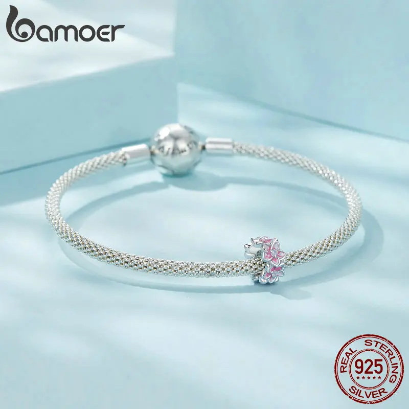BAMOER 925 Sterling Silver Cherry Flower Charm Stopper Beads fit for European Bracelets Women Jewelry DIY Charms SCC2818 image 4