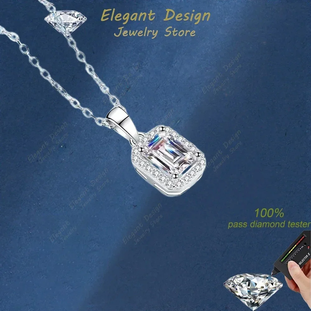 

Elegant Store 1ct Real Moissainte Rectangle Pendants Chain for Women, Platinum PT950 Necklaces Daily Wear Classic Style
