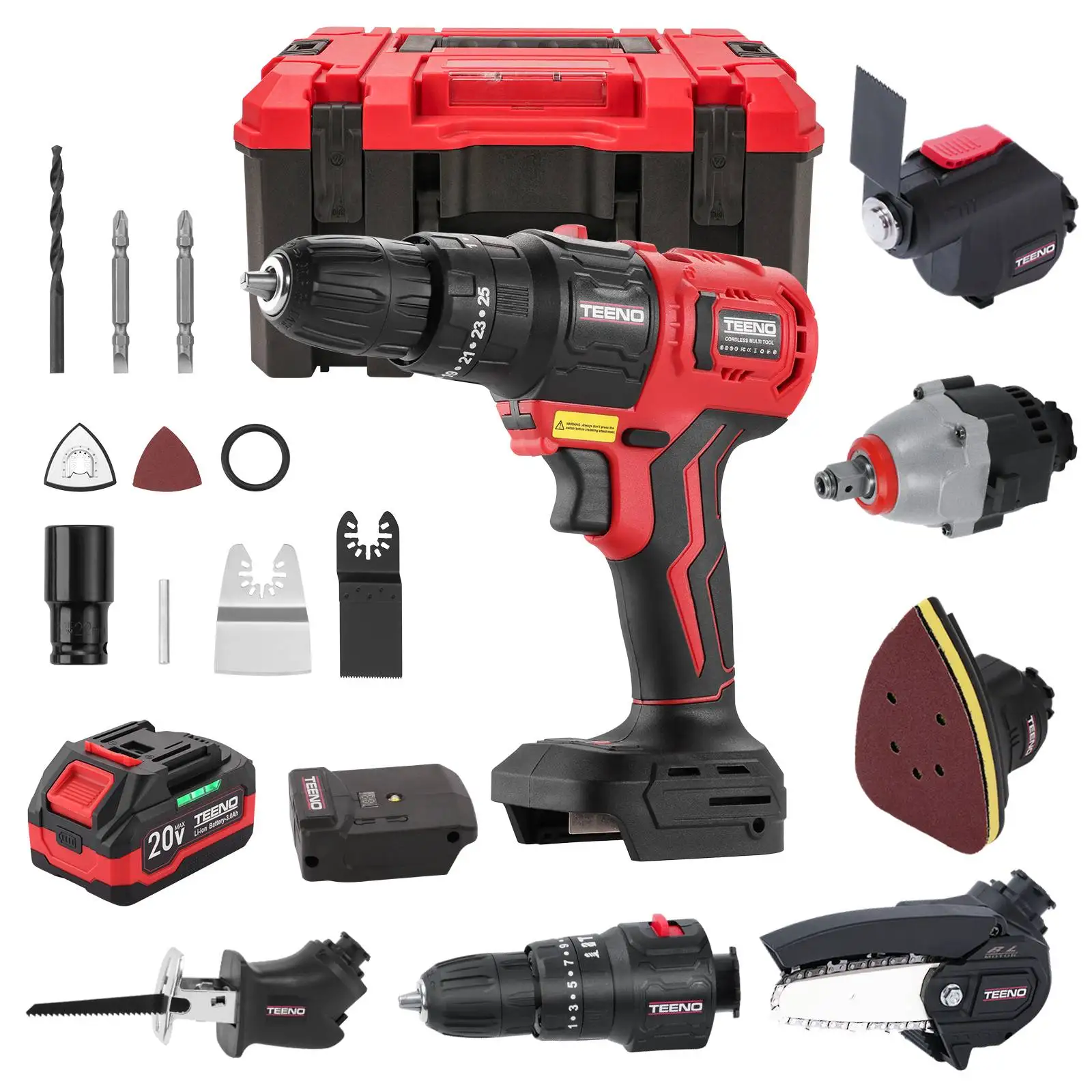 

TEENO 20V MAX Power Tool Combo Kit, 7 Tool Cordless Power Tool Set with 3.0Ah Battery, Charger, and Tool Box Included, Brushless