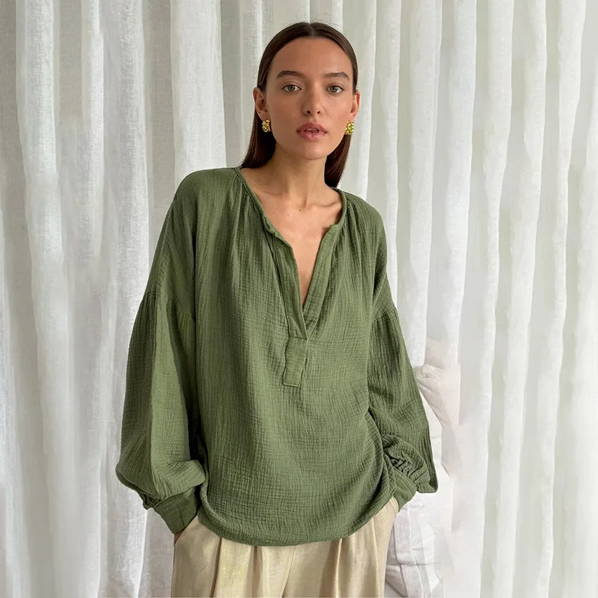 

Crepe Cotton Lantern Sleeve Crew Neck Top Women's Spring Simple White Inner Loose Pullover Shirt