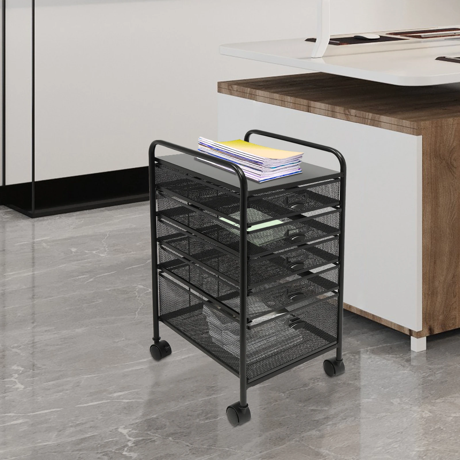 5-Layer Metal Grid Drawer File Storage Rack - Black for office school to store office supplies, folders, personal items