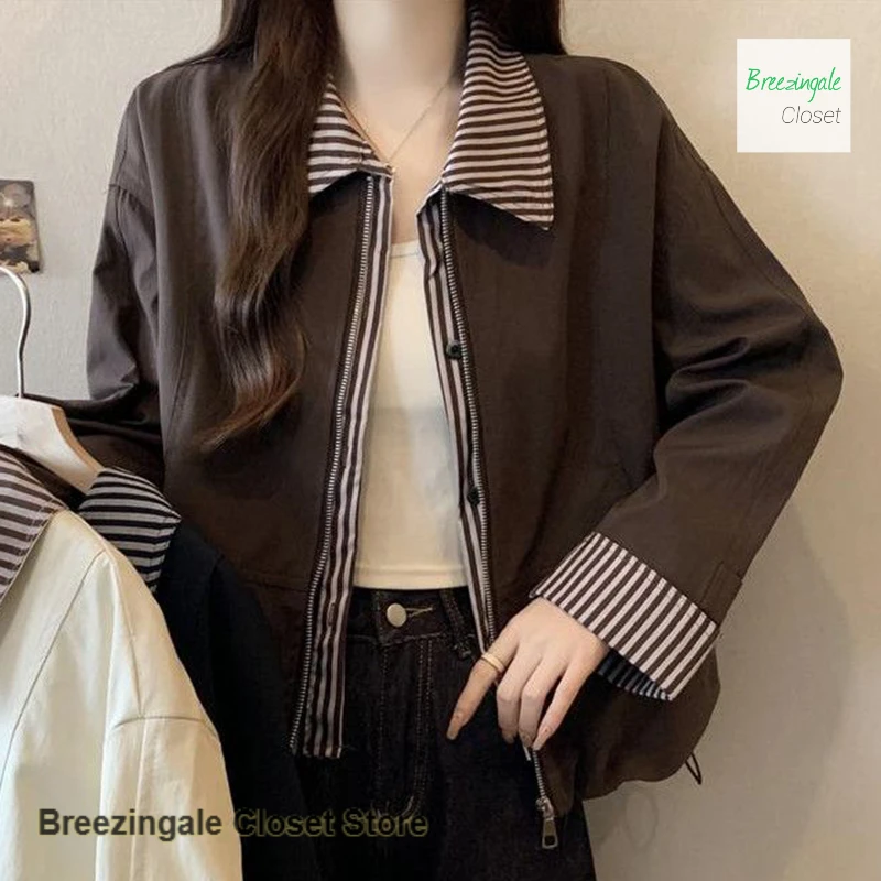 Korean fake two-piece shoulder long-sleeved jacket women's spring and autumn clothes plus size retro loose casual short jacket