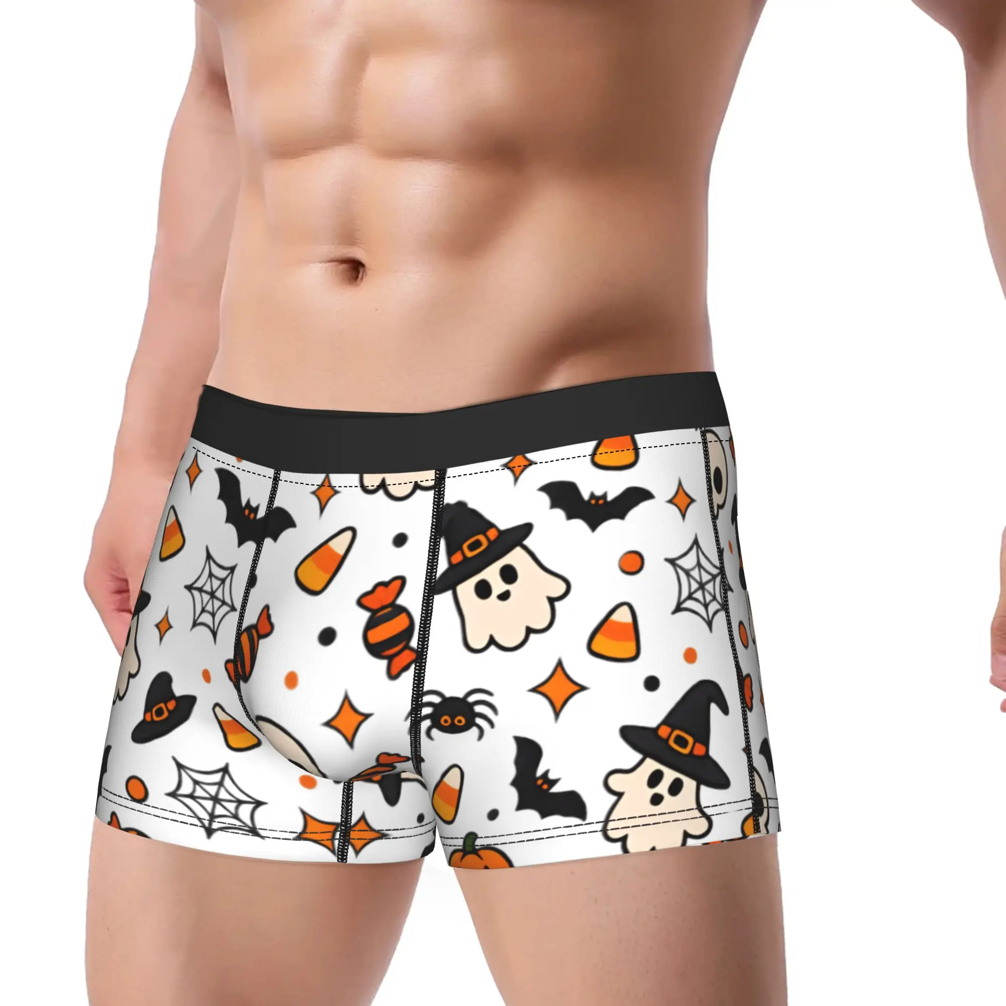 Halloween Candy Ghost Witch Bat Skull White Background Seamless Pattern Underwear  Males Panties Custom Comfortable Boxershorts