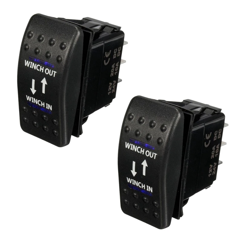 2X 12V 20A Winch In Winch Out ON-OFF-ON Rocker Switch 7 Pin LED Blue