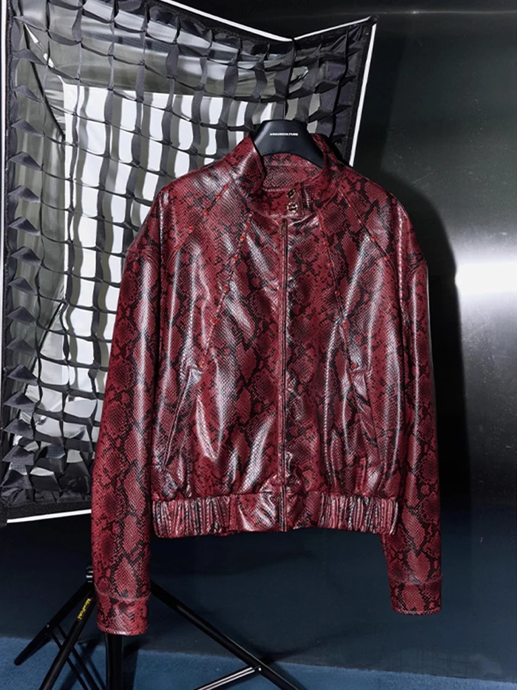 

ex ort Punk Sle Jaet Snake Texture Cleanfit Высококачественное кожаное пальто для пар Молодежная модная повседневная одежда