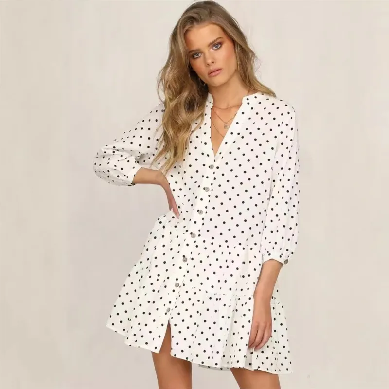 Elegant Solid Color Polka Dot Women's Dress V-neck Loose Long Sleeved Single Breasted A-line Display Autumn New Item Mini Dress