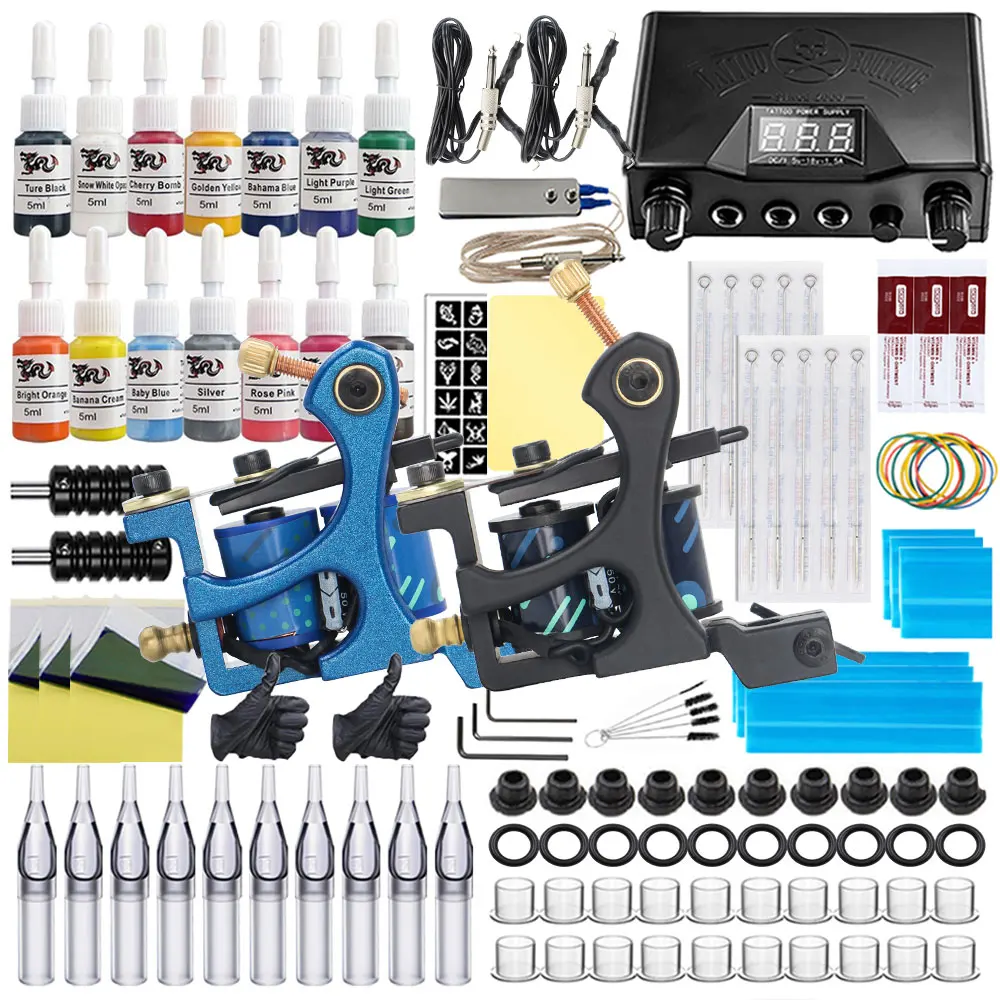 

Complete Coils Tattoo Machine Kit Tattoo Machine Set with Inks Pigment and Tattoo Needles for Liner Shader Machine