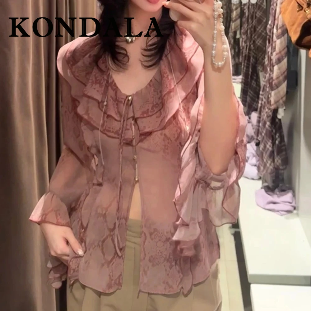 

KONDALA Chic Spring Animal Print Pink Flower Women‘s’ Shirts Stacked Vintage Blouse Fashion 2025 Oversized Sexy Tierred Shirt