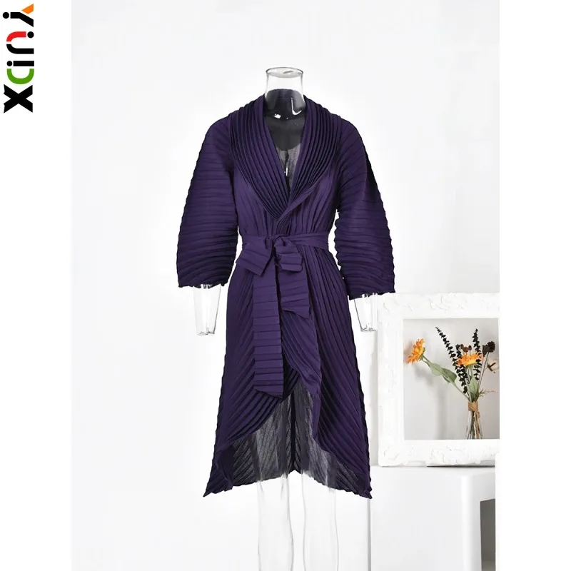 

YUDX Miyake Fashion Pleated Irregular Trench Women Long Sleeves Belt Gathered Waist Solid Windbreaker 2024 New Clothing