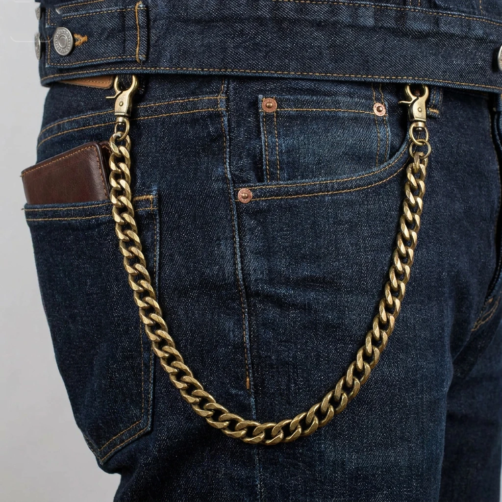 Hip-Hop 20-Zoll Lange Hose Trucker Biker Jeans mit 12mm Diamantschliff Kubanischer Kette, Krabben-Drehverschluss, Schlüsselanhänger, Bronze EDC Geschenk – Detail 5
