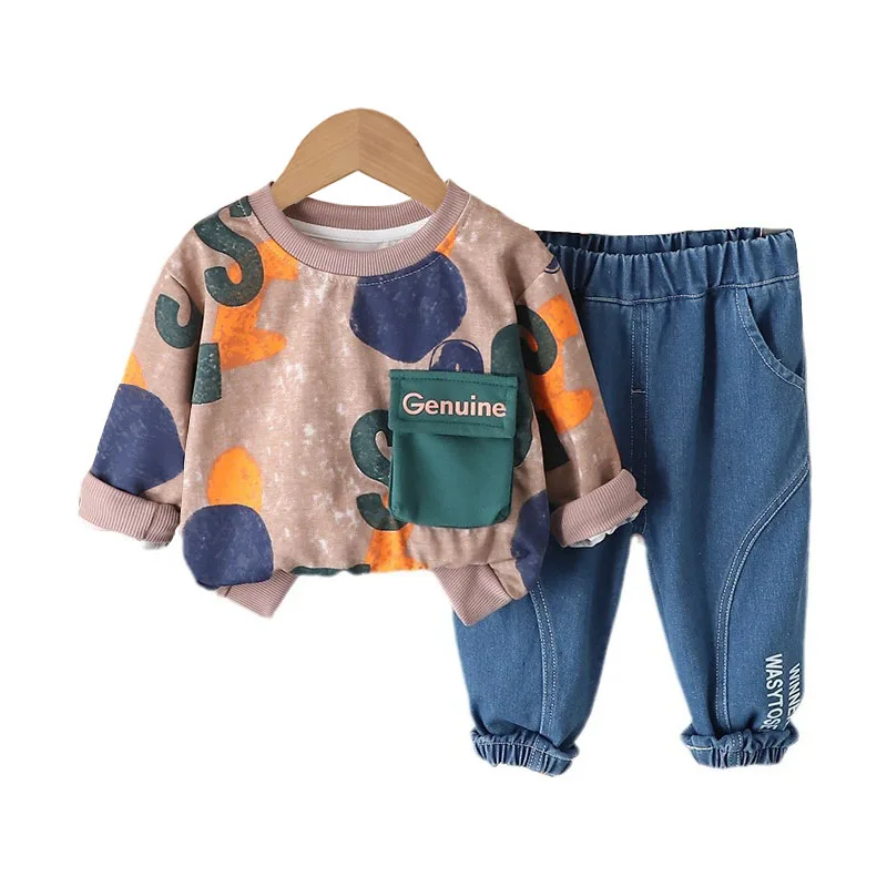 Kids Clothes 2024 Spring Autumn Casual Printed O-neck Pullover Long Sleeve Hoodies Tops and Pants Two Piece Baby Boys Outfit Set