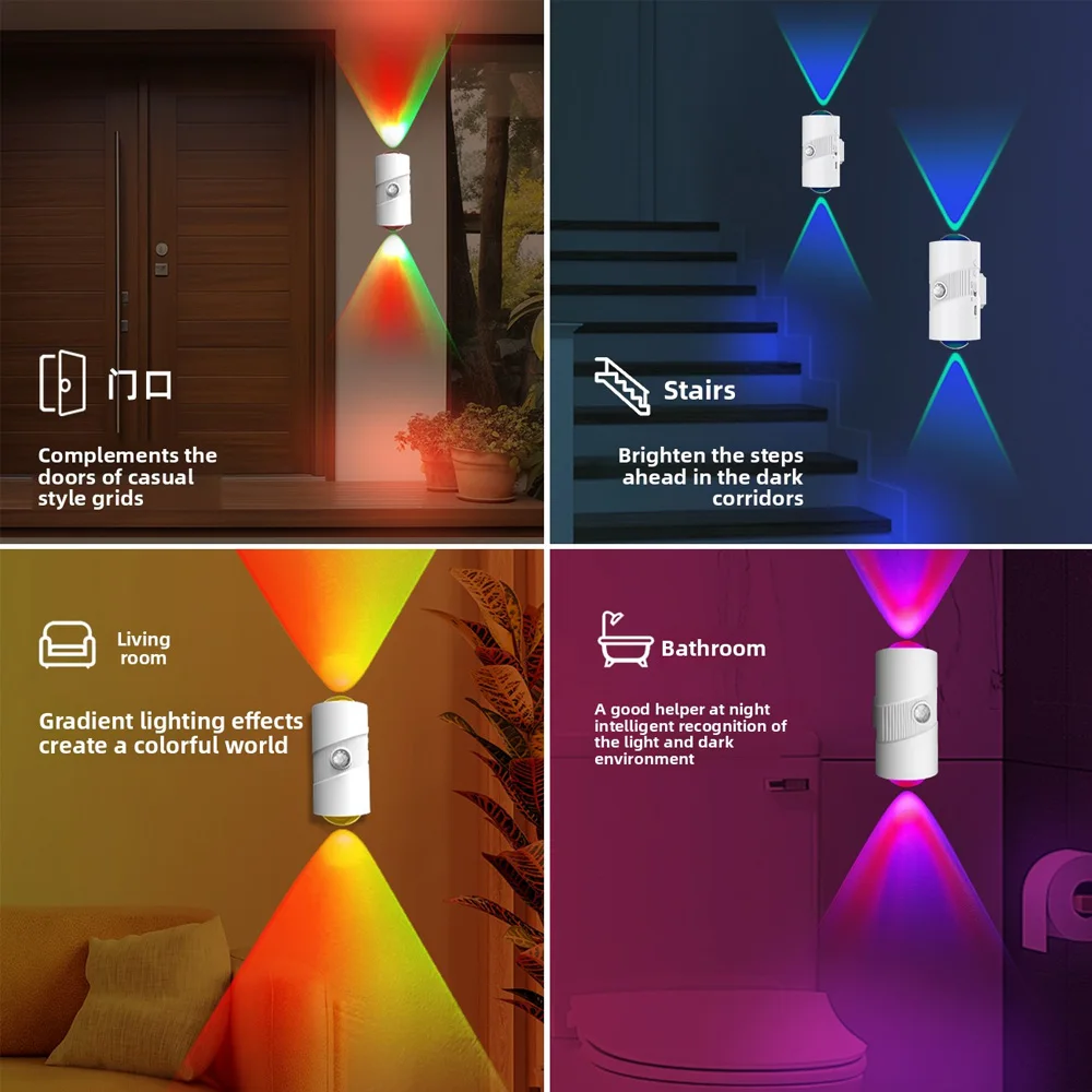 RGB Gradient LED Night Light with Motion Sensor Wall Lamp Rechargeable Ambient Lights Dimmable Indoor Lights Magnetic Step Lamps