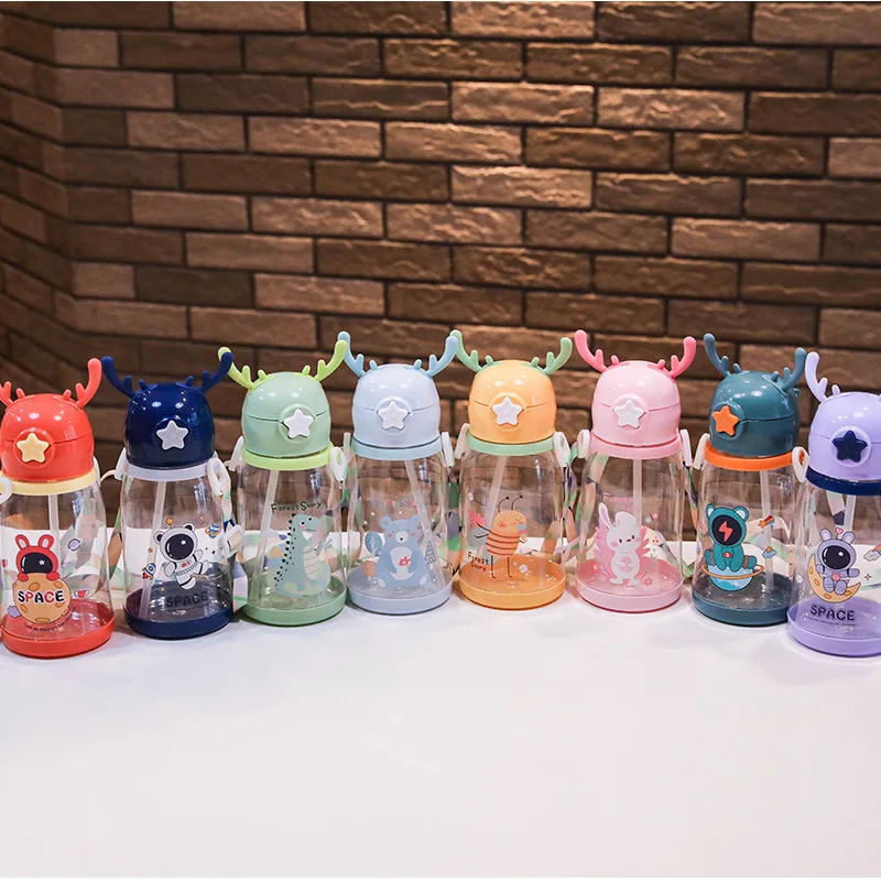 600ml garrafa de água das crianças para a escola portátil alunos do bebê anti gota copo bonito dos desenhos animados meninas garrafa de água com palha