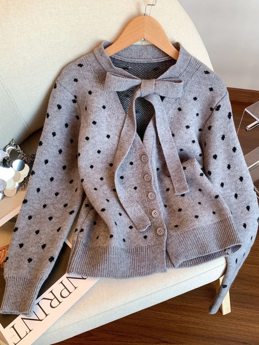 

Ele Korean Sle Knot V-Ne Coat Women's Faionable Autumn Winter Polka Dot Top Sli Contrast Color