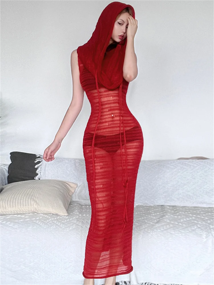 فستان Insglas شفاف من خلال فستان كروشيه مثير بقلنسوة وياقة كومة بدون أكمام ماكسي Bodycon موضة الحفلات المسائية والمناسبات