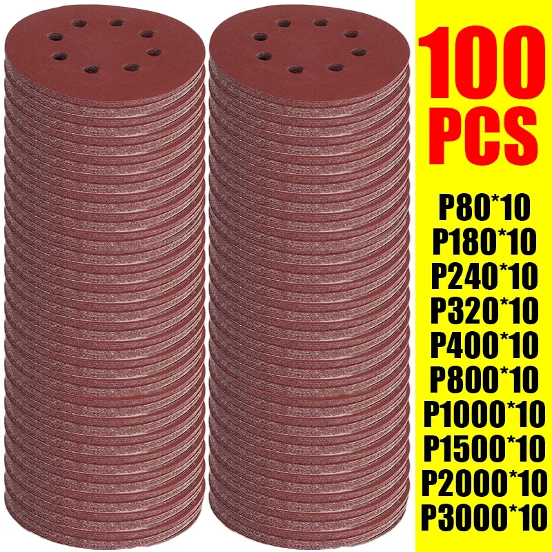 100PCS Sanding Discs 8 Hole Hook And Loop Adhesive Sandpaper 125mm 80~3000 Grits For Random Orbital Sander Abrasive Sheets Tools