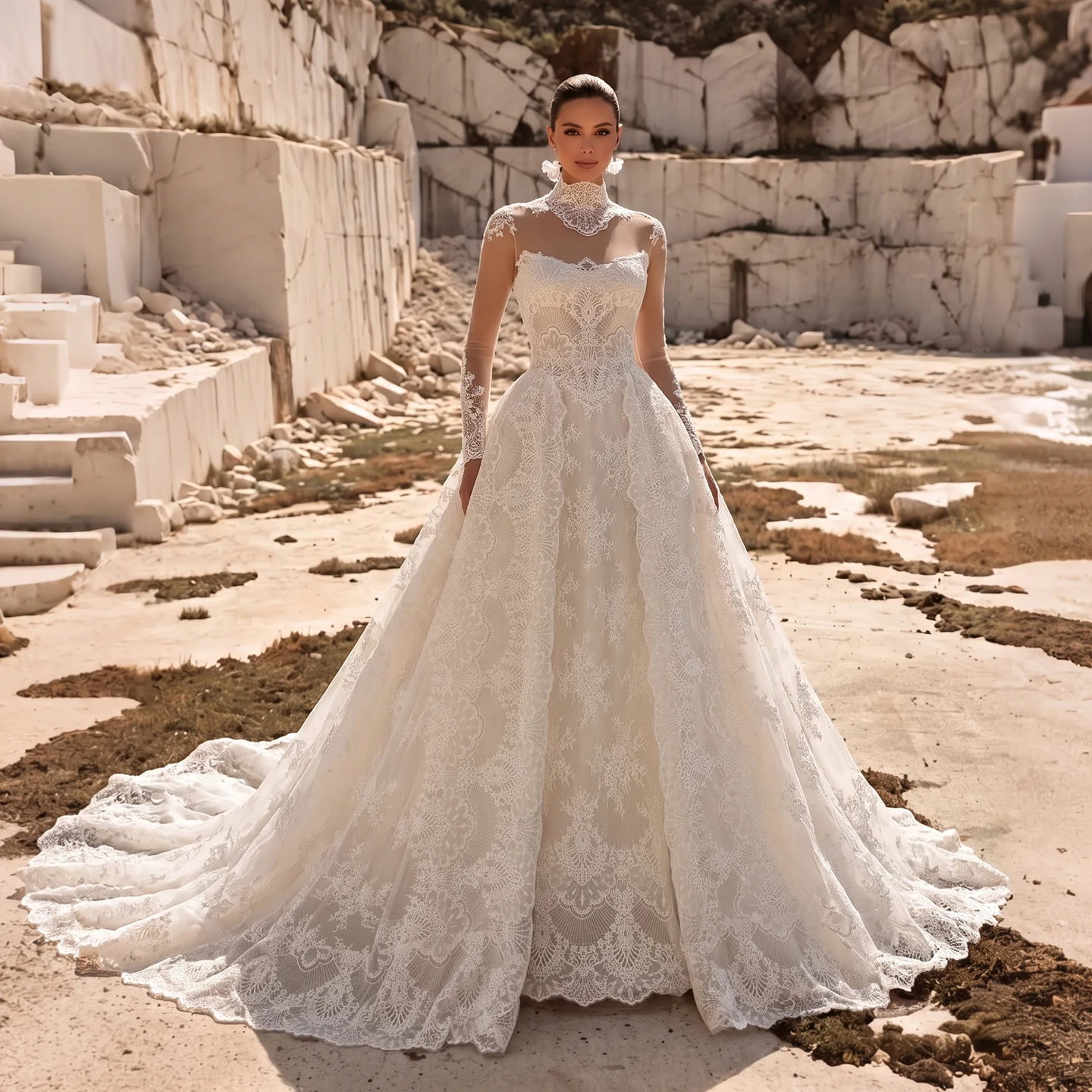 Sharon Said Elegant Two Pieces Off White Ball Gown Wedding Dress Sweetheart Neck Sheer Long Sleeve Bridal Gowns SW687 Customized