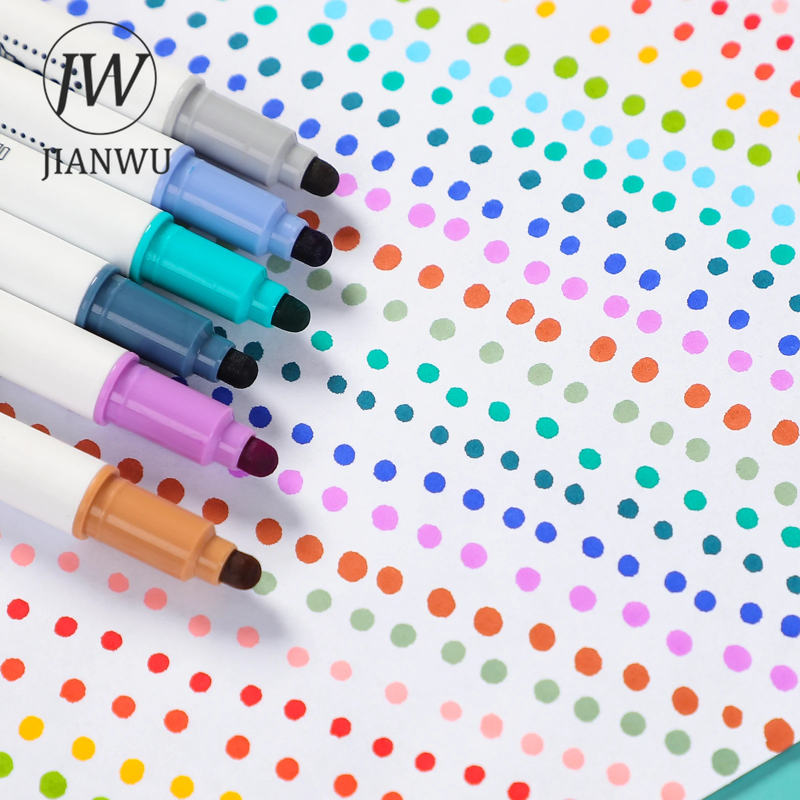 JIANWU 6Pcs/Set Cute Creative Double Head Highlighter Polka Dot Soft Color Pen Student Drawing Marker Kawaii Stationery Supplies