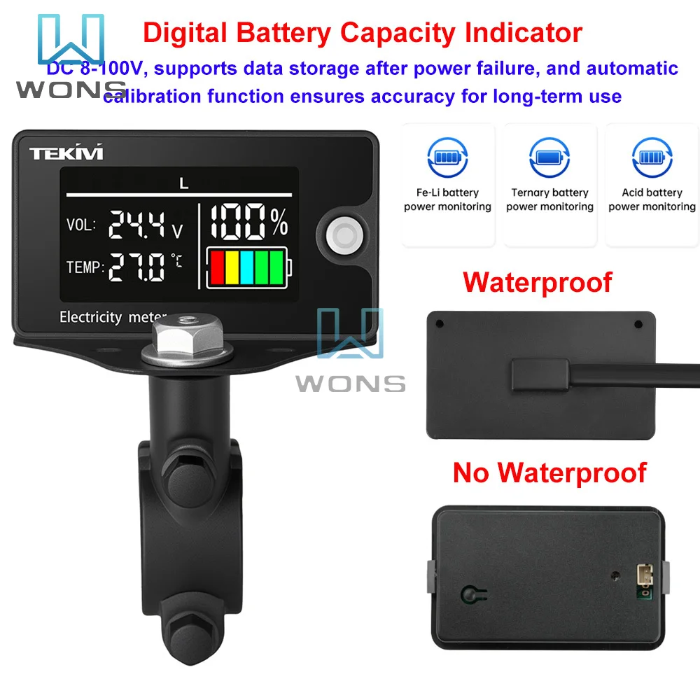 DC 8-100V Digital Battery Capacity Indicator High Precision LCD LiFePO4 Lead-Acid Lithium Battery Tester Meter with Temperature