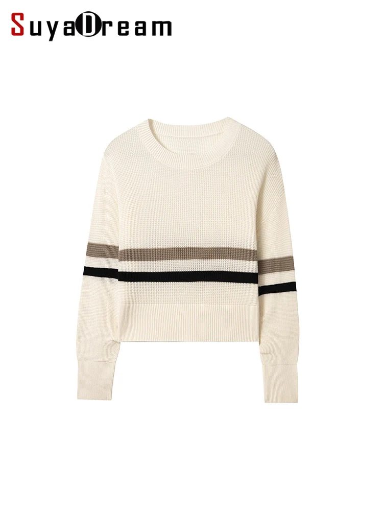 

SuyaDream, Women Short Pullovers, 32.4%Sheep Wool, Round Collar, Loose fit Stripes Sweaters, 2024 Fall Winter Top, White