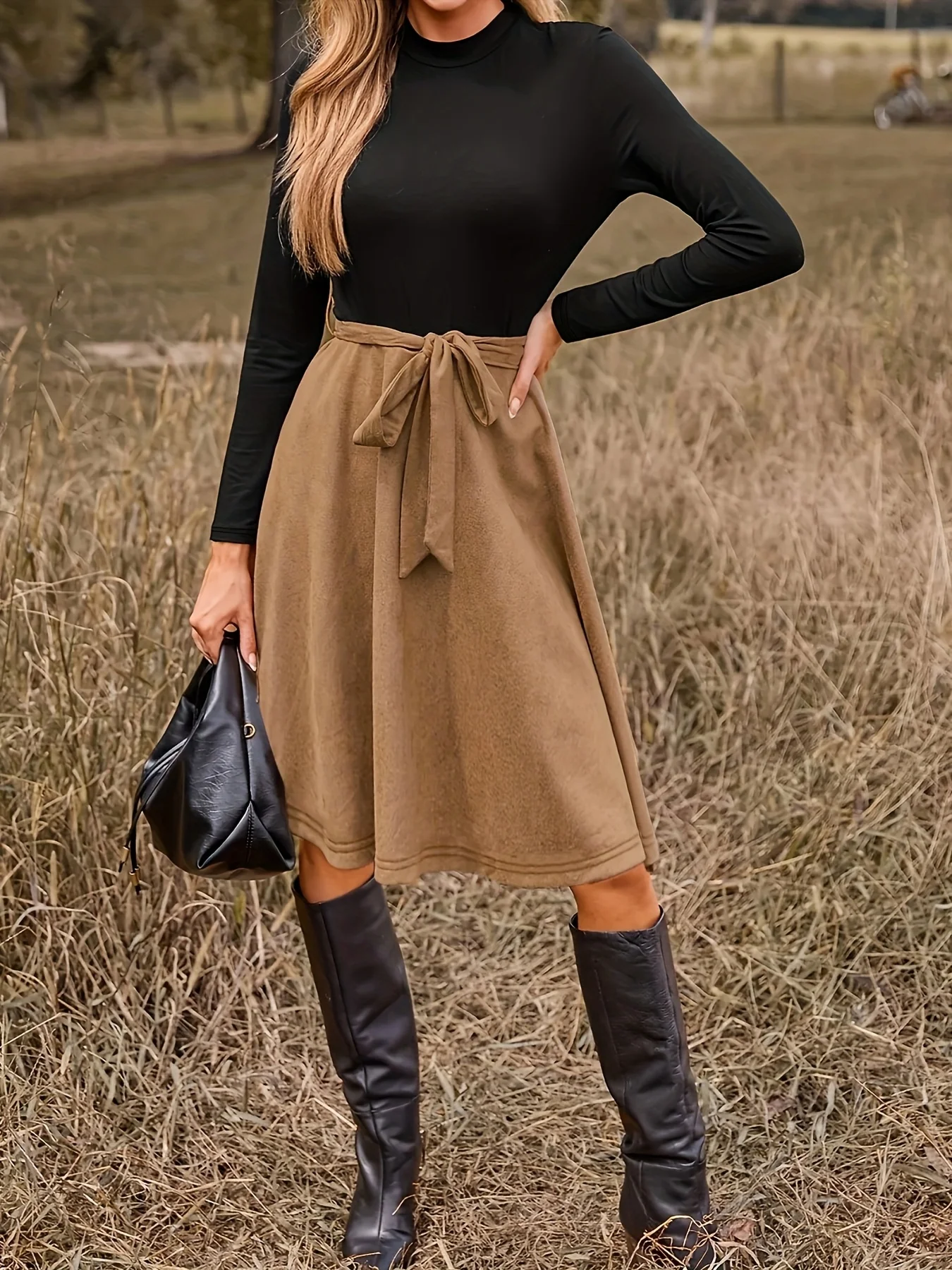 

Women's Black Turtleneck Long Sleeve Top Khaki Tie-Waist Midi Skirt Set, Autumn Winter Casual Elegant Outfit with Over