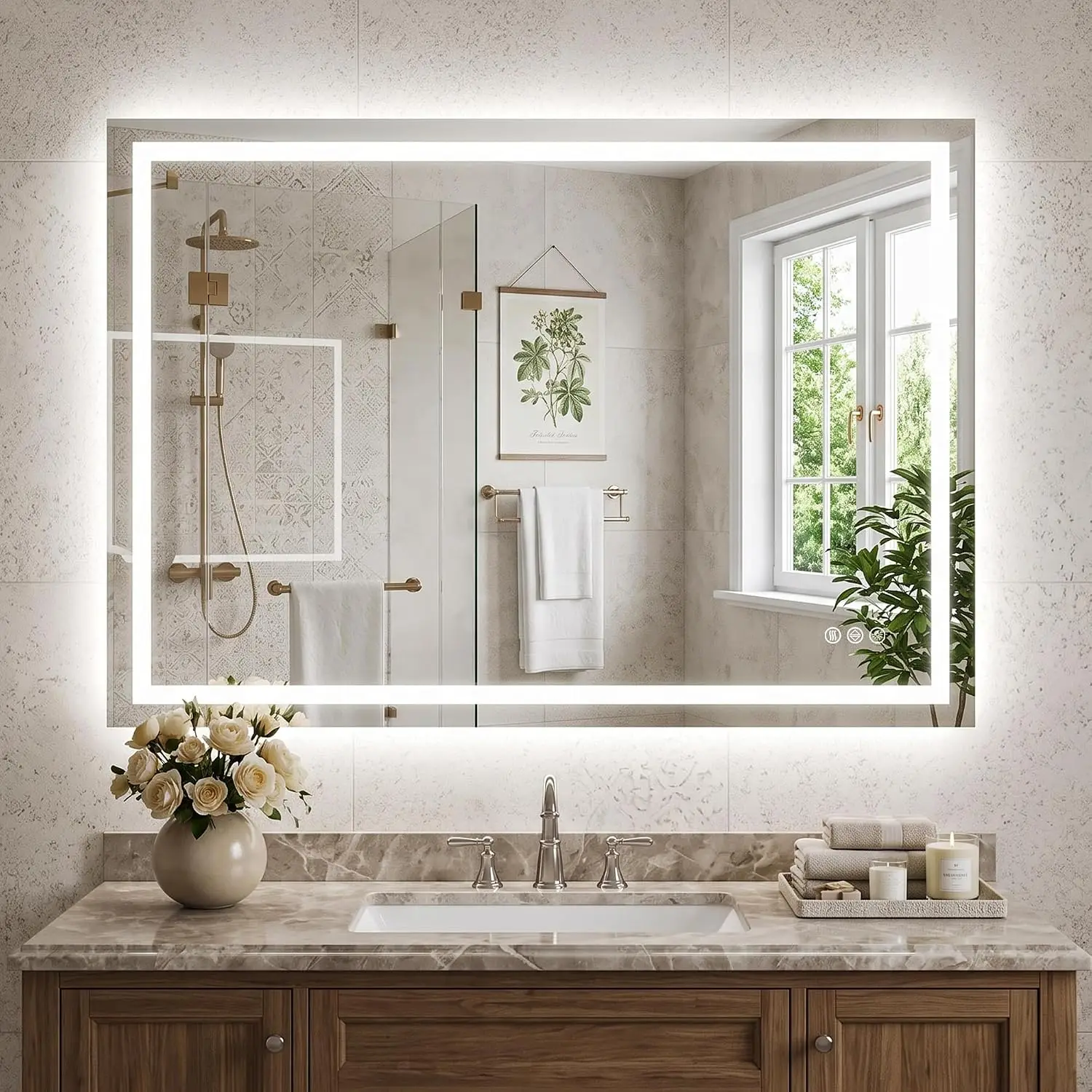 24x36 Lit Led Bathroom Mirror Backlit Front Vanity CRI90 Dimmable Antifog Smart Memory 3 Temperatures Shatterproof Tempered Glas