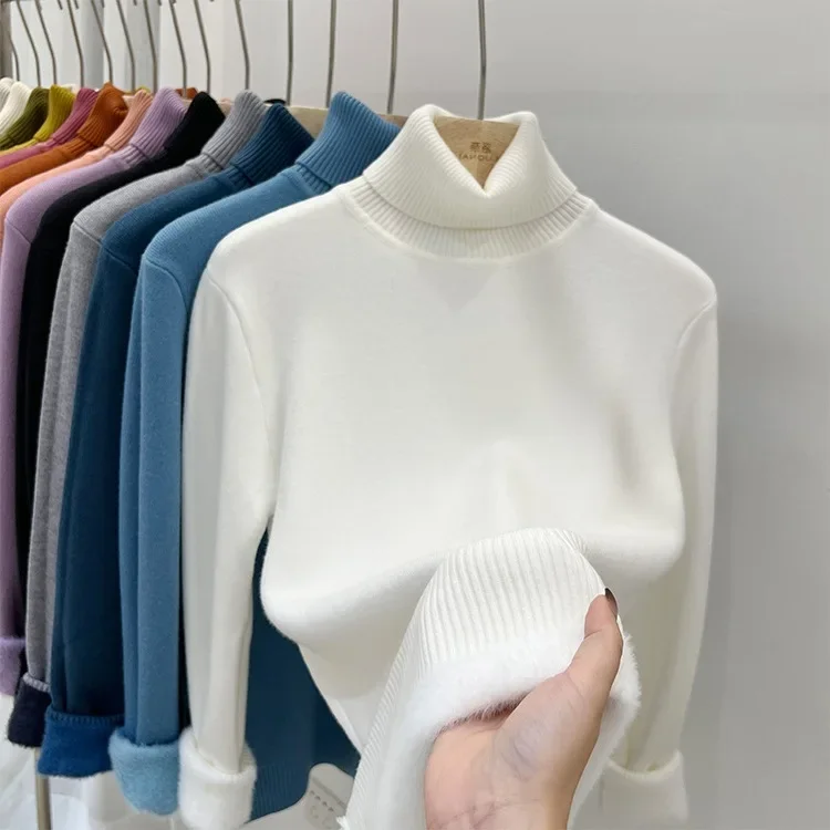 سميكة الصوف عالية الياقة سترة المرأة طويلة الأكمام ملابس داخلية الخريف الشتاء نمط جديد طبقة قاعدة دافئة قمة عصرية